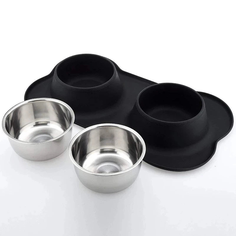 Anti-slip Double Dog Bowl with Silicone Mat - Durable Stainless Steel Feeder for Pets