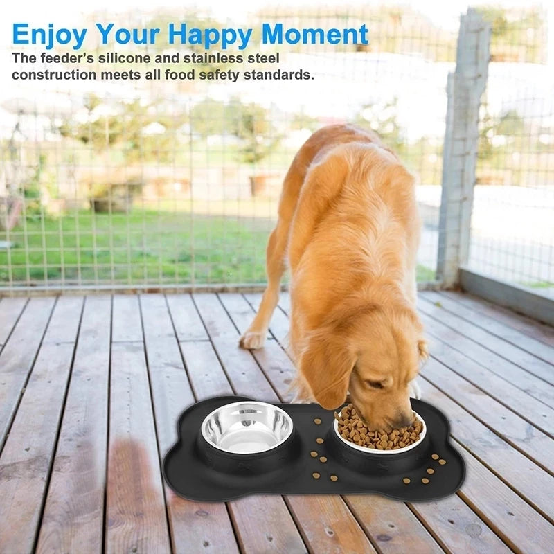 Anti-slip Double Dog Bowl with Silicone Mat - Durable Stainless Steel Feeder for Pets