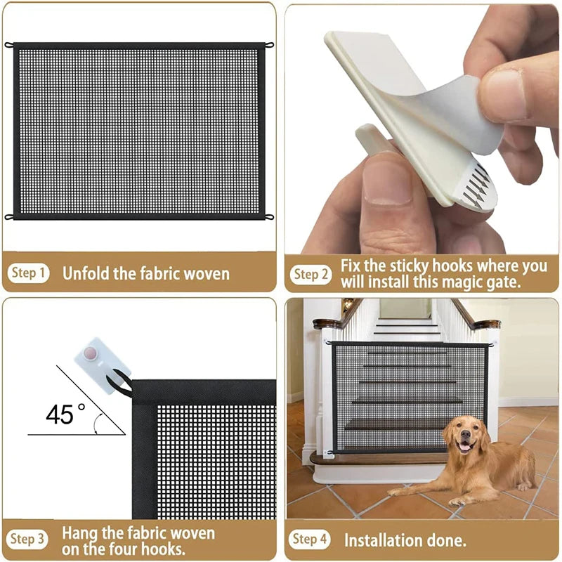 Foldable Pet Barrier Fence - Breathable Mesh with 4 Hooks for Dog Safety