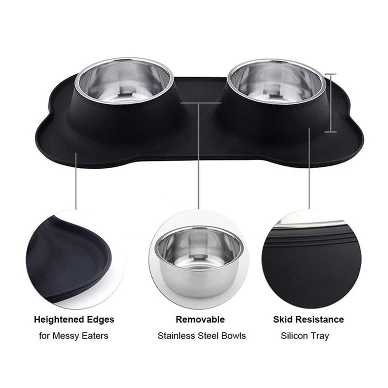 Anti-slip Double Dog Bowl with Silicone Mat - Durable Stainless Steel Feeder for Pets