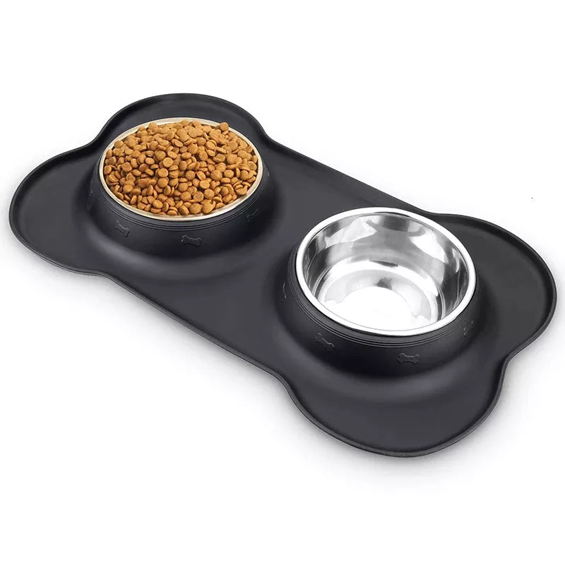 Anti-slip Double Dog Bowl with Silicone Mat - Durable Stainless Steel Feeder for Pets